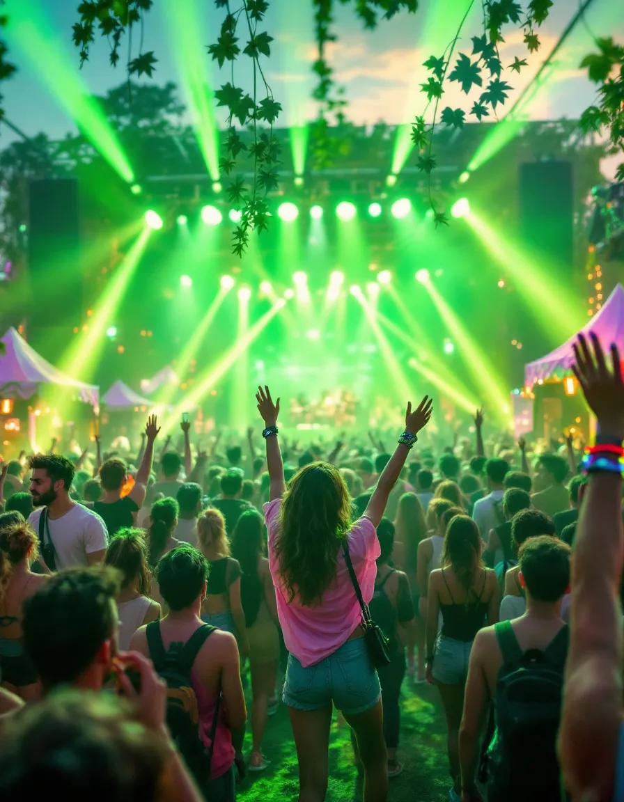 Foule en festival en plein air avec éclairage vert vif sur scène