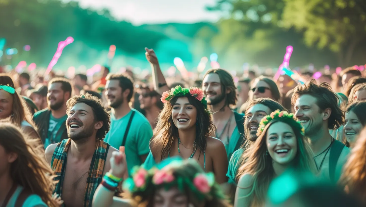Public joyeux lors d’un festival en journée, avec des couronnes de fleurs et des accessoires colorés