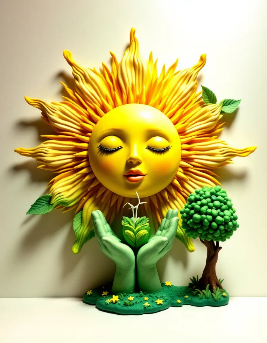 Illustration artistique d’un soleil souriant aux traits humains, tenant une plante entre deux mains vertes